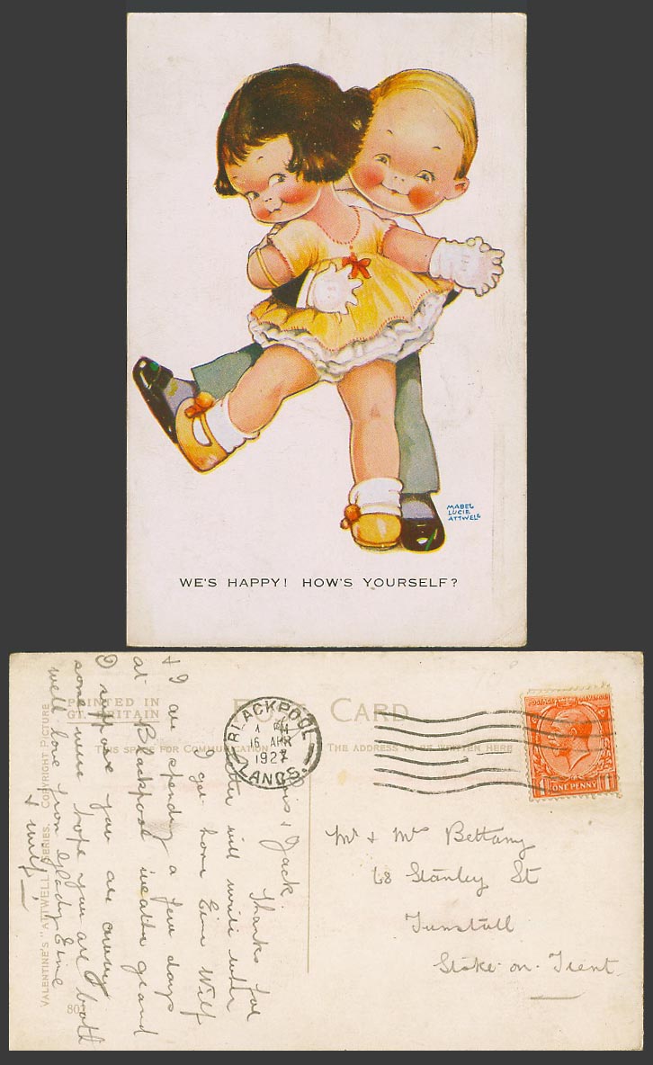 MABEL LUCIE ATTWELL 1927 Old Postcard We's Happy How's Yourself Girl Dancing 802