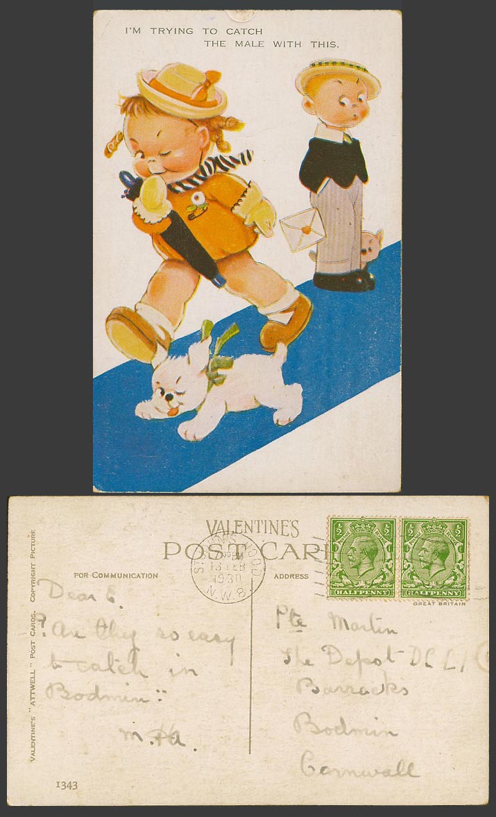 MABEL LUCIE ATTWELL 1930 Old Postcard I Catch The Male with Love Letter Dog 1343