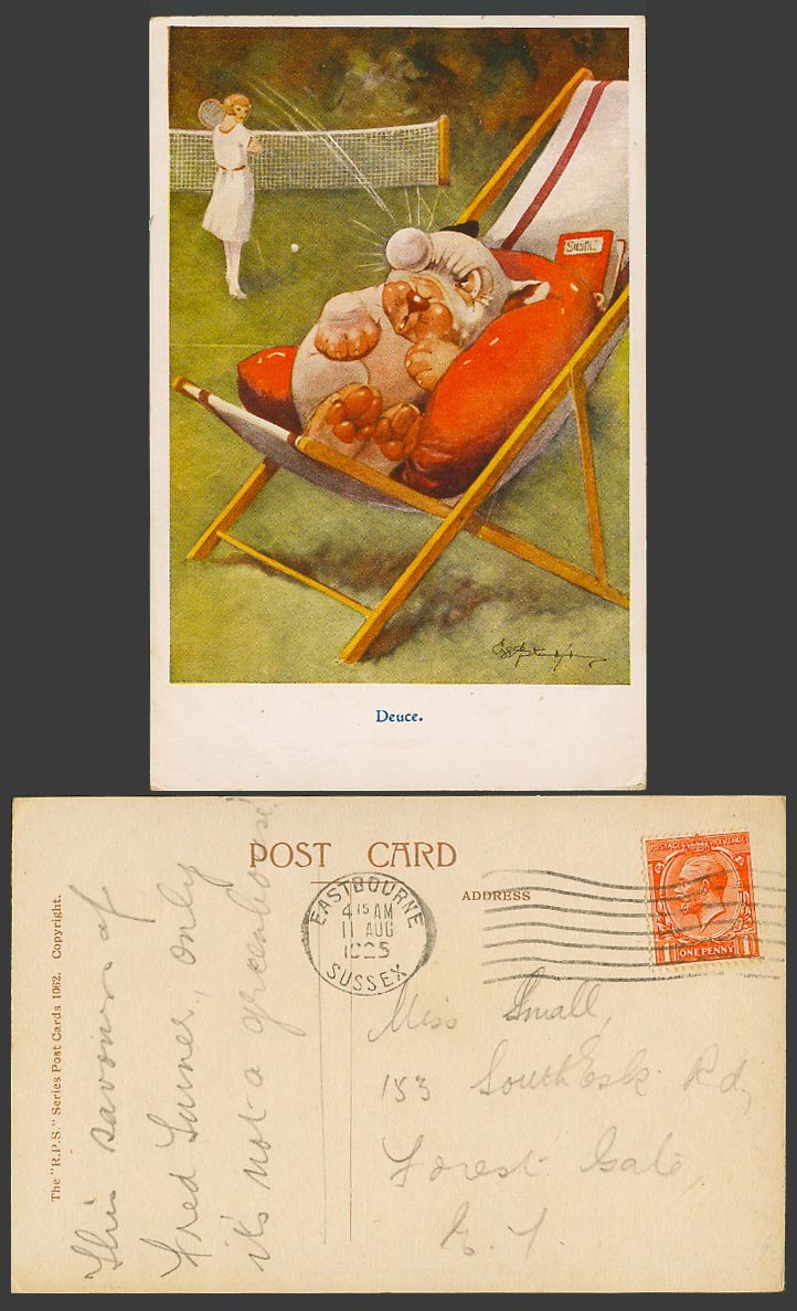 BONZO DOG GE Studdy 1925 Old Postcard Deuce Tennis Player Puppy Hit by Ball 1062