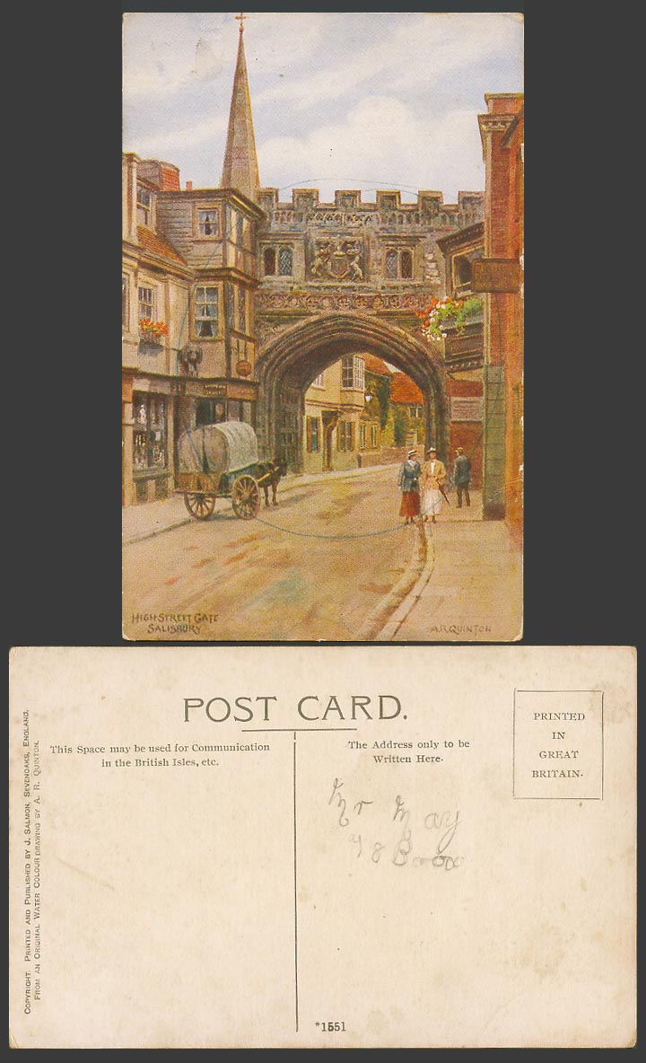 A.R. Quinton Old Postcard High Street Gate Salisbury Wiltshire Horse Cart N.1551