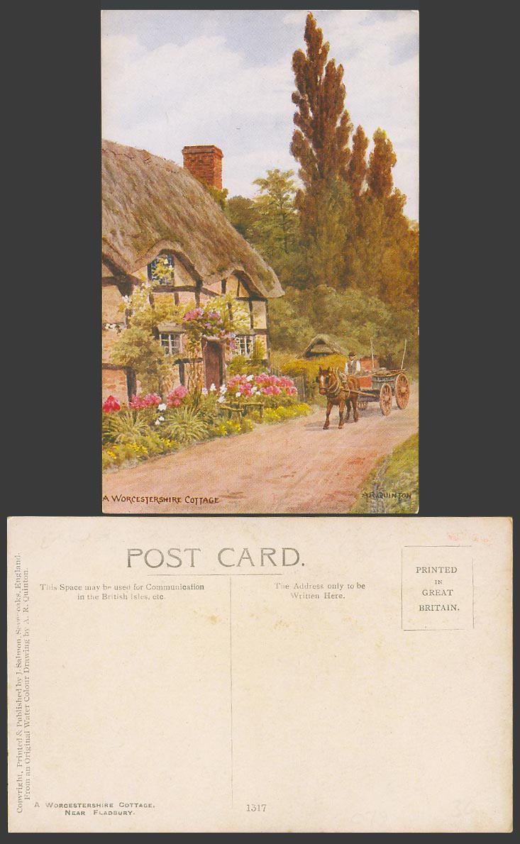 A.R. Quinton Old Postcard A Worcestershire Cottage, Horse Cart Street Scene 1317
