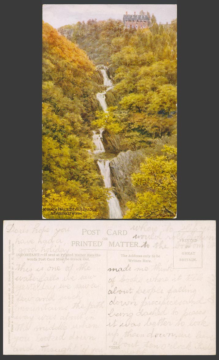 A.R. Quinton Old Postcard Mynach Falls Devil's Bridge near Aberystwyth No. 2285