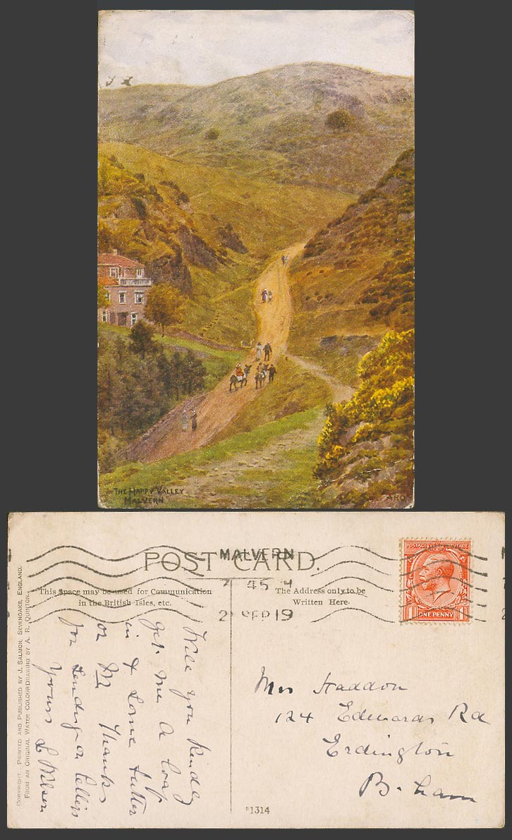 AR Quinton 1919 Old Postcard The Happy Valley, Malvern, Street Scene A.R.Q. 1314