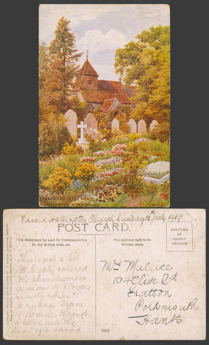 A.R. Quinton Old Postcard Hollington Church in The Wood near Hastings Cross 1002