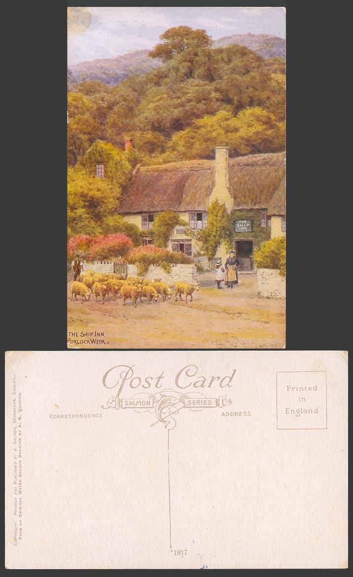 A.R. Quinton Old Postcard The Ship Inn Hotel Porlock Weir, Sheep & Shepherd 1877
