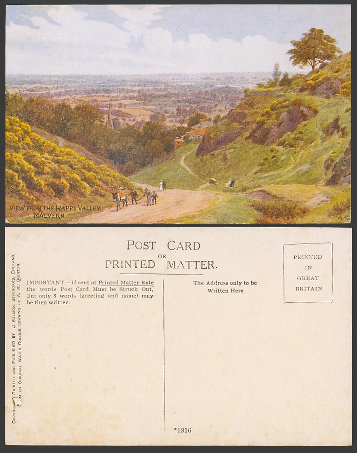 A.R. Quinton Old Postcard MALVERN View from Happy Valley Panorama Worcs. No.1316