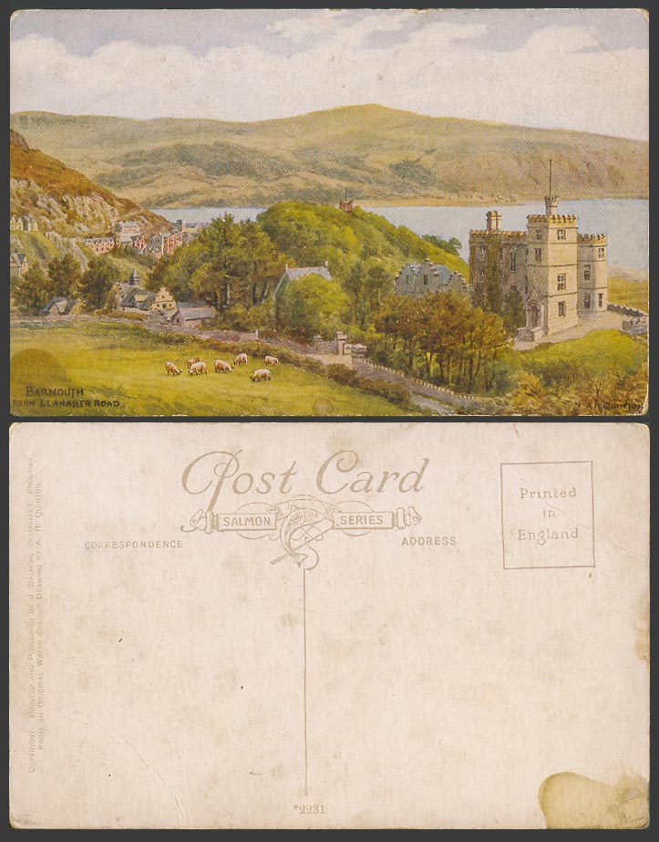 A.R. QUINTON Old Postcard Barmouth from Llanaber Road, Sheep, Panorama ARQ 2231