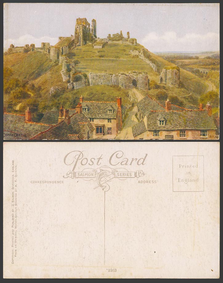 A.R. Quinton Artist Signed Old Postcard CORFE CASTLE Dorset Street Cottages 2263