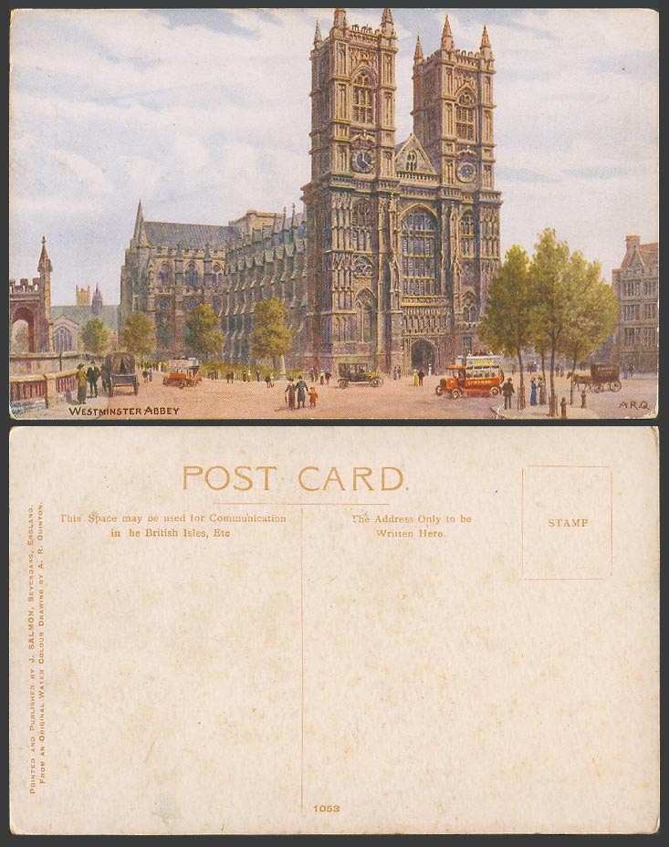 A.R. Quinton Artist Signed Old ART Postcard Westminster Abbey Street London 1053