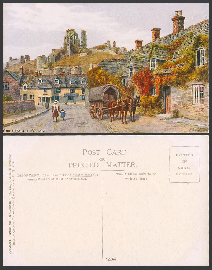 AR Quinton Old Postcard Dorset Corfe Castle Village Street Scene Horse Cart 2264