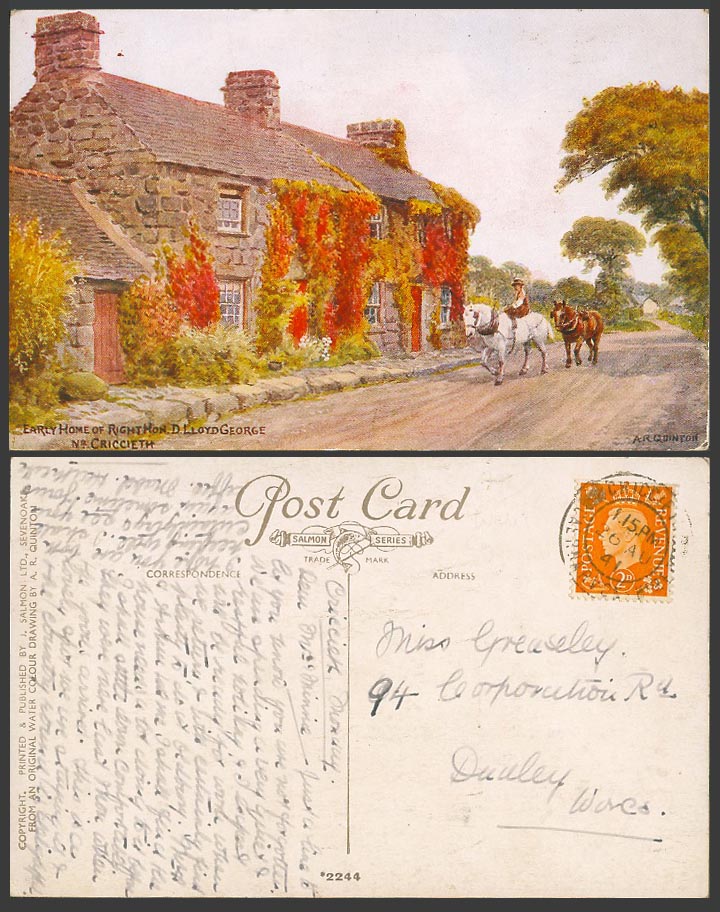 AR Quinton 1941 Old Postcard Criccieth Early Home Righthon D. Lloyd George 2244
