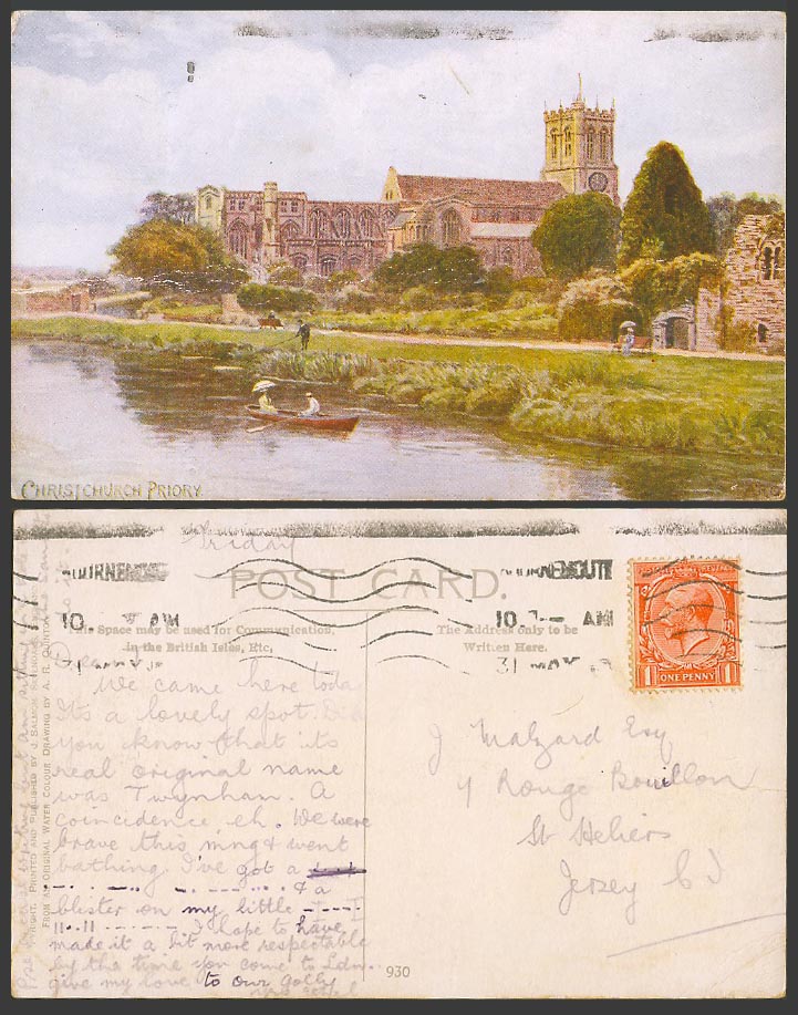 A.R. Quinton Old Postcard Christchurch Priory Dorset Boating Boat Church ARQ 930