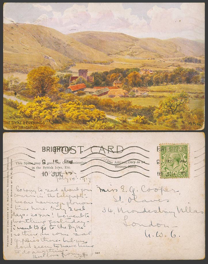 AR Quinton 1917 Old Postcard The Dyke and Poynings near Brighton Panorama No.991