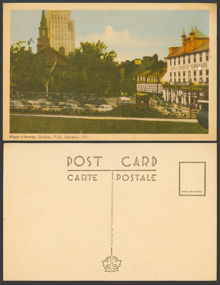 Canada Old Colour Postcard Place d'Armes Quebec P.Q. Hotel Chateal Normandie Car
