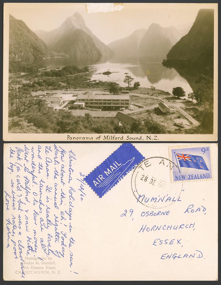 New Zealand 9d Flag 1960 Old Postcard Panorama of Milford Sound Gladys M Goodall
