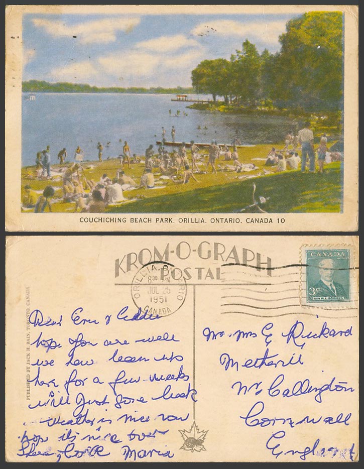 Canada 1951 Old Colour Postcard Couchiching Beach Park, Orillia Ontario, Bathers
