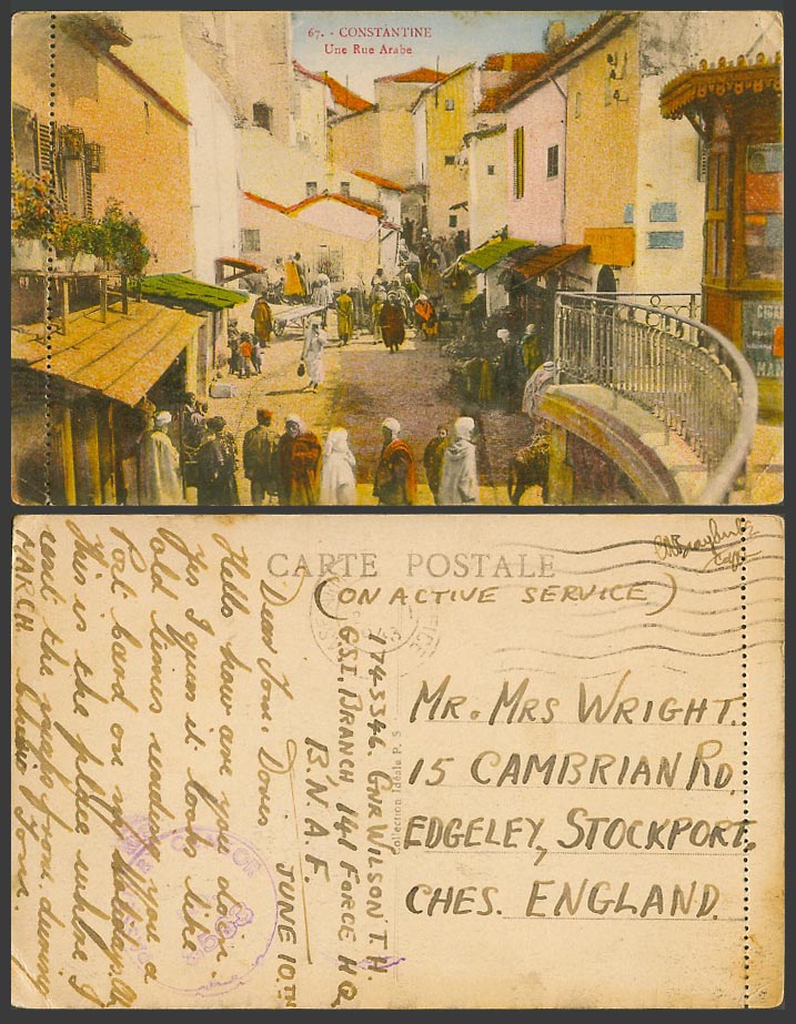 Algeria Censored Base Army PO 1943 Old Postcard Constantine Une Rue Arabe Street