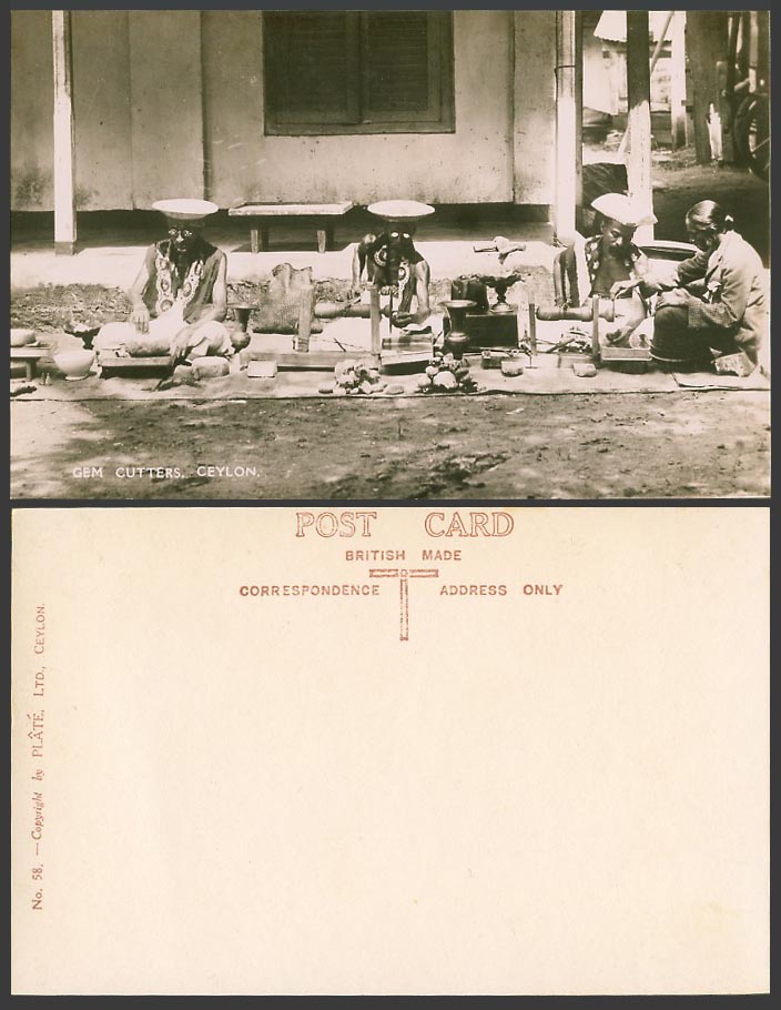 Ceylon Old Real Photo Postcard GEM CUTTERS, Native Men at Work Tools Hammer Vase