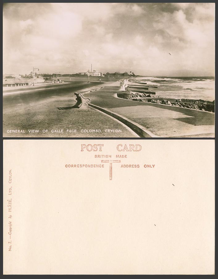 Ceylon Old Real Photo Postcard General View of Galle Face Colombo Street & Beach