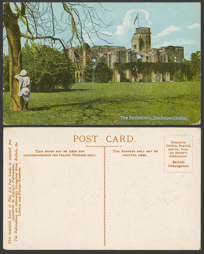 India Old Colour Postcard The Presidency Ruins, Lucknow, Man Standing by a Tree