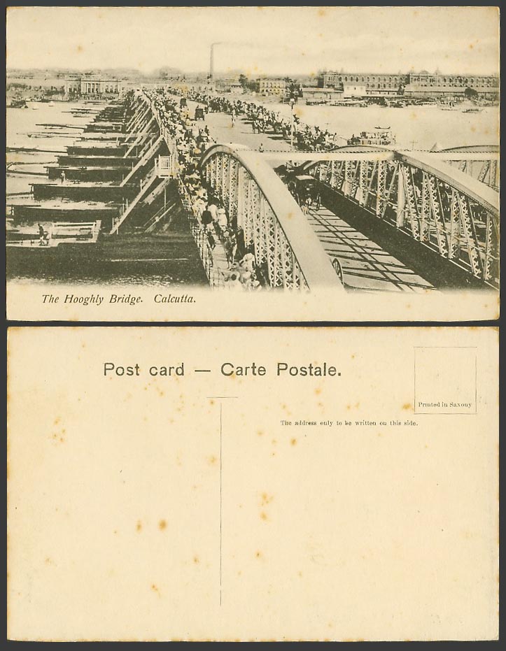 India Old Postcard The Hooghly Bridge Pontoon Bridge, River Scene Boats Calcutta