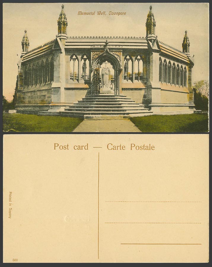India Old Hand Tinted Postcard Cawnpore Memorial Well Angel Statue Steps No. 500