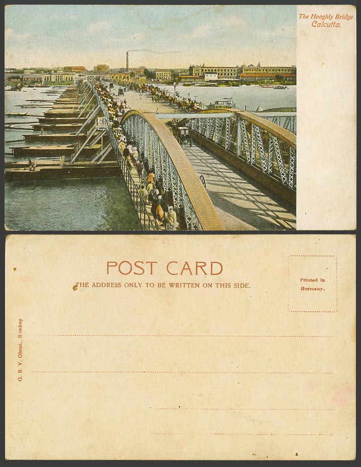 India Old Colour UB Postcard PONTOON BRIDGE, HOOGHLY River Scene Boats Calcutta