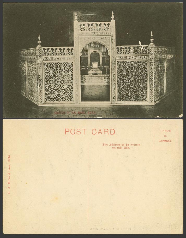 India Old  Postcard Marble Screen Grille of TAJ MAHAL, Agra, Interior H.A. Mirza