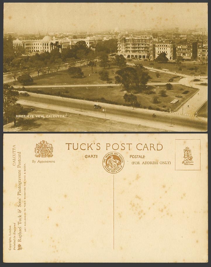 India Old Tuck's Postcard Bird's Eye View, Calcutta, Street Scene, Gardens, Park