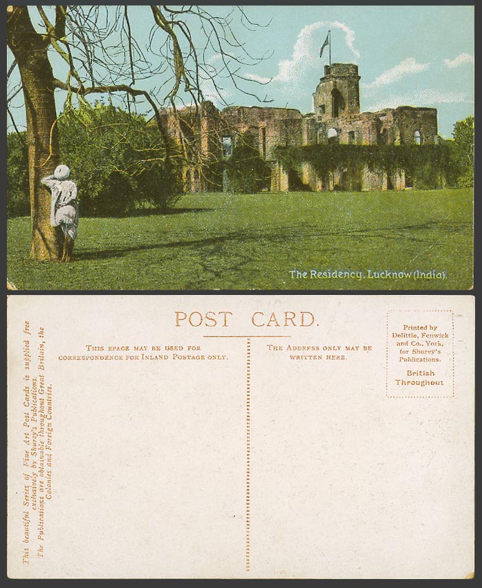 India Old Colour Postcard The Presidency Ruins, Lucknow, Native Man by a Tree