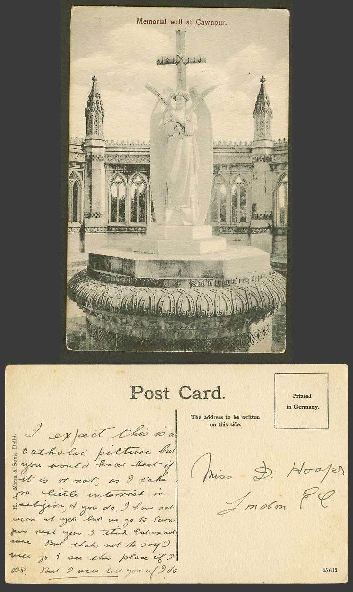 India Old Postcard Memorial Well Interior, Figure of an ANGEL, Cawnpur Cawnpore