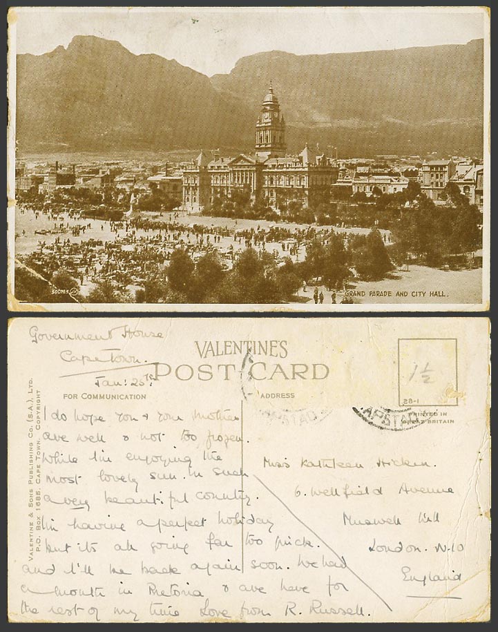 South Africa, Cape Town, Grand Parade and City Hall, Table Mountain Old Postcard