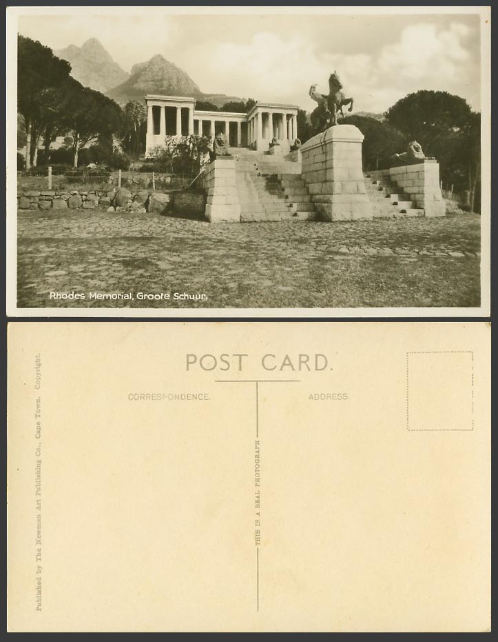 South Africa Old Real Photo Postcard Rhodes Memorial Groote Schuur Lions Statues
