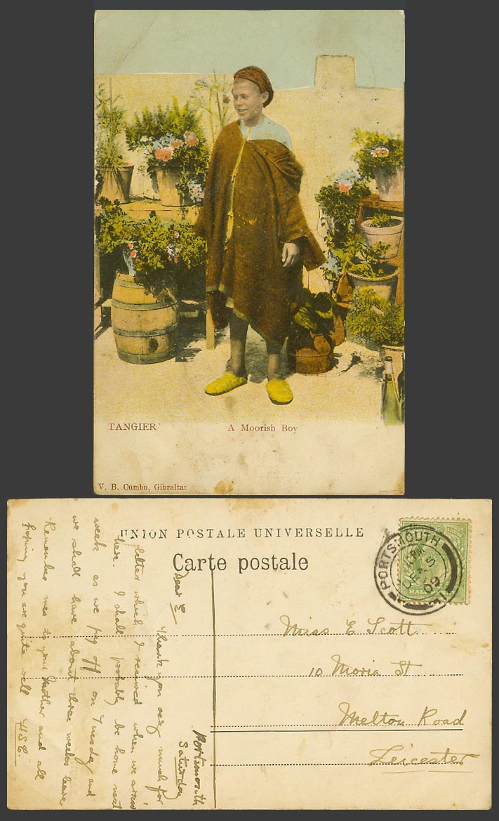 Morocco GB KE7 1/2d 1909 Old Postcard Tangier Tanger, A Moorish Boy, Barrel Pots