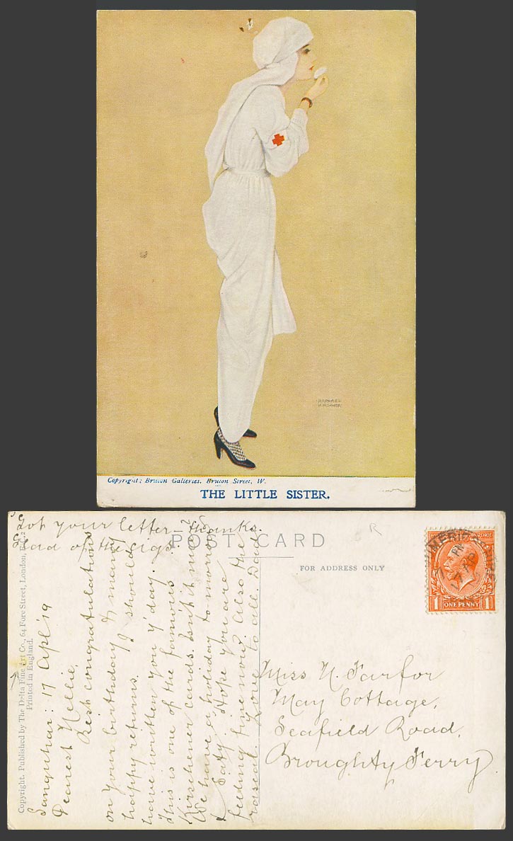 Raphael Kirchner 1919 Old Postcard The Little Sister Red Cross Nurse Glamor Lady