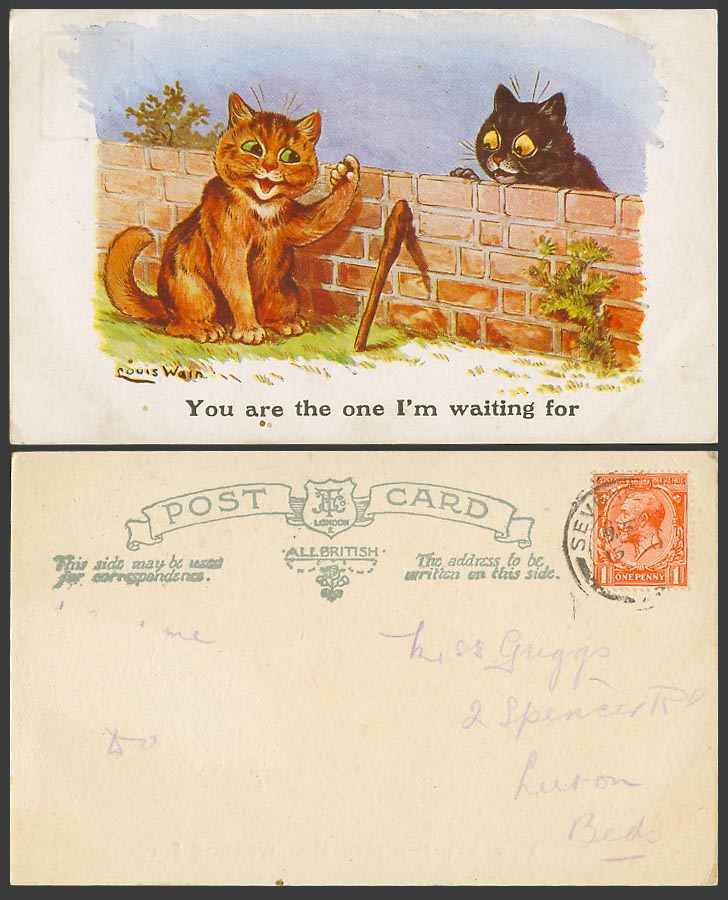 Louis Wain Artist Signed Cat Kitten you Are The One I'm Waiting For Old Postcard
