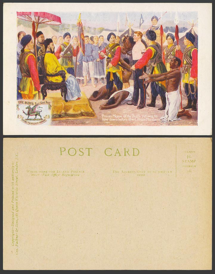 China Boxer Rebellion Old Postcard Private Moyse Refuses to Bow Chinese Mandarin