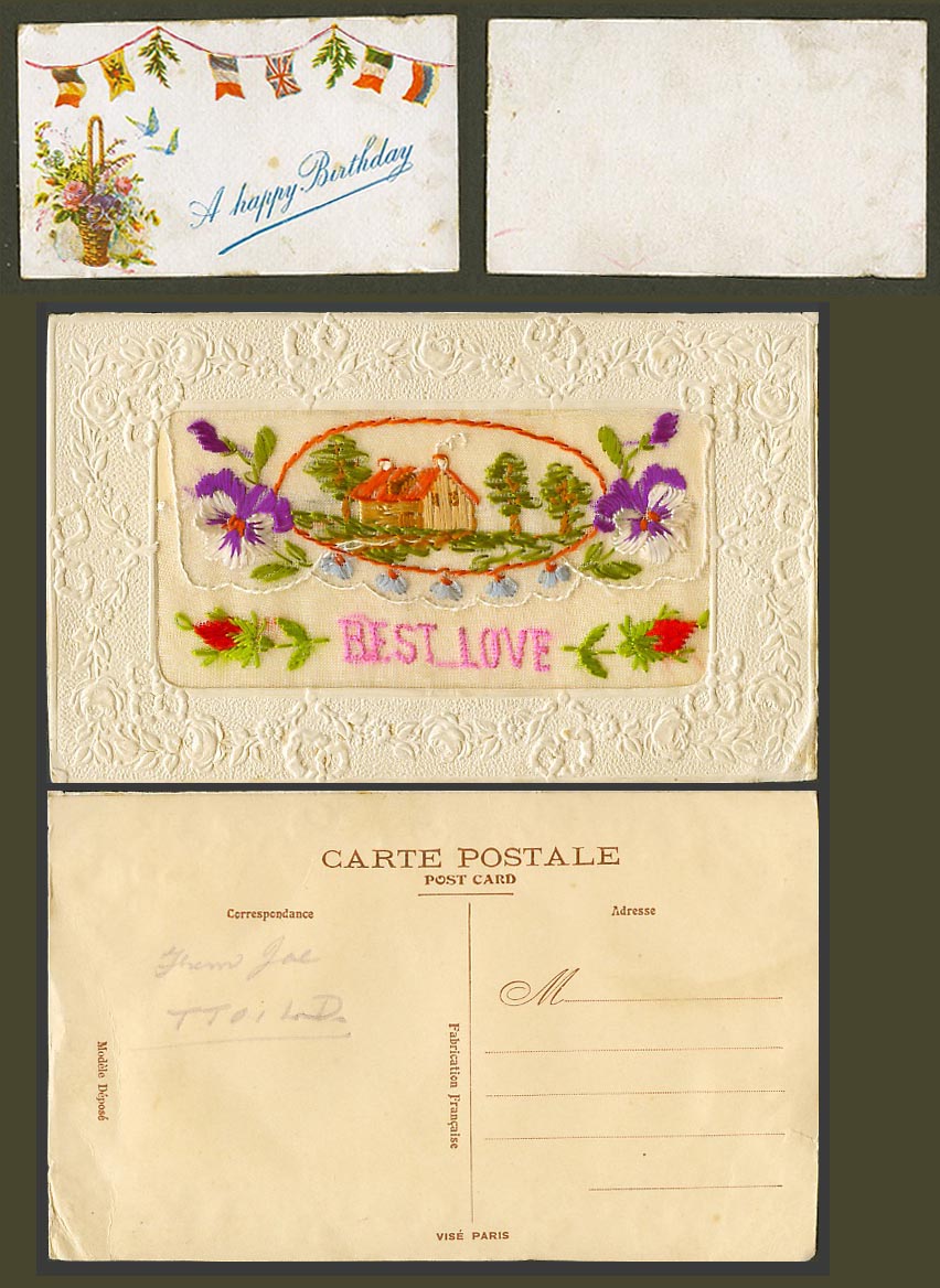 WW1 SILK Embroidered Old Postcard BEST LOVE, Cottage House Happy Birthday Wallet