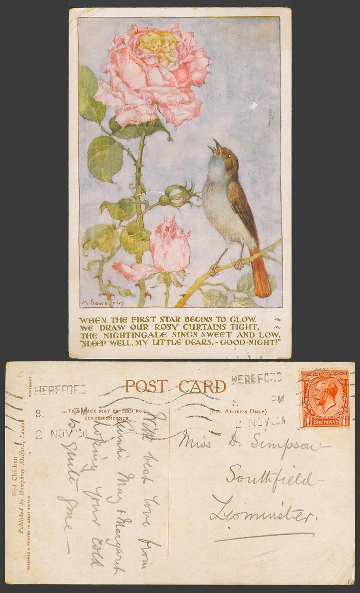 M Sowerby Artist Signed 1920 Old Postcard Nightingale Bird Pink Carnation Flower