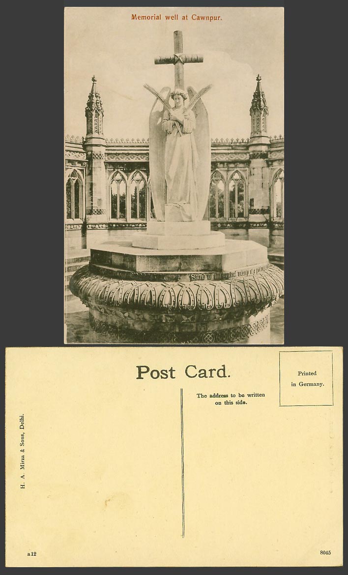 India Old Postcard Memorial Well Interior Figure of an ANGEL Wings Cross Cawnpur