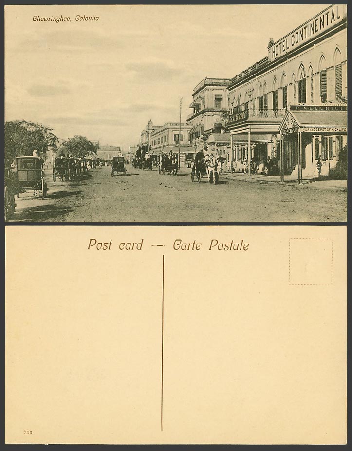 India Old Postcard Calcutta Chowringhee Hotel Continental Street Scene Gd. Depot