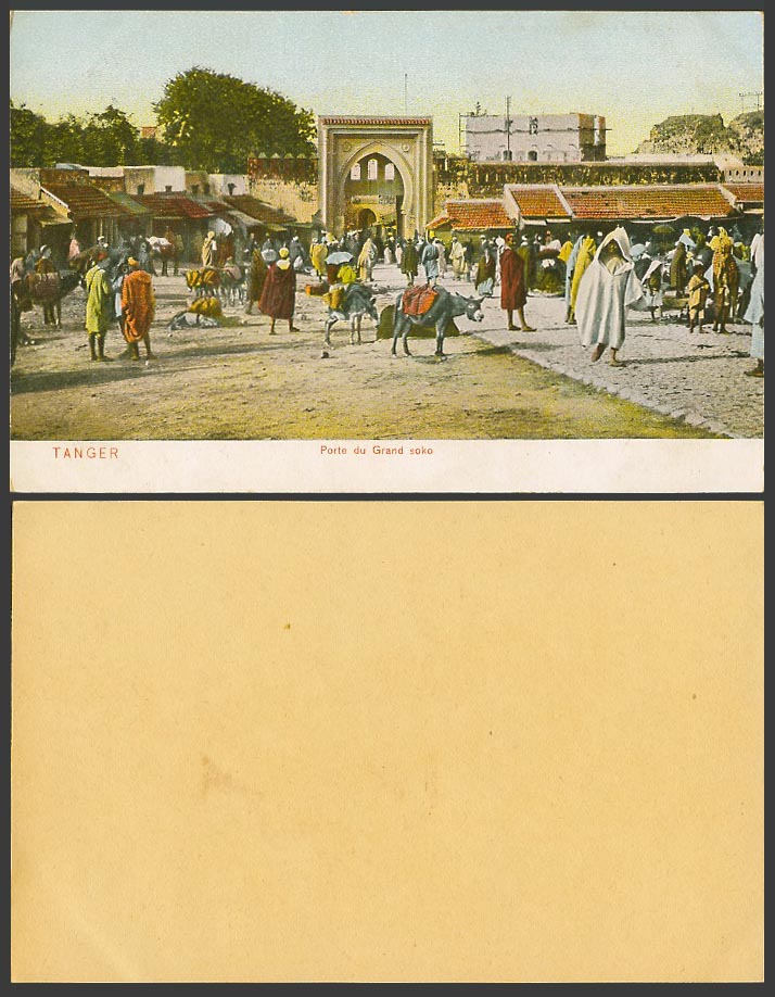 Morocco Old Colour Card Tangier Tanger, Porte du Grand Soko, Donkey, Gate Street