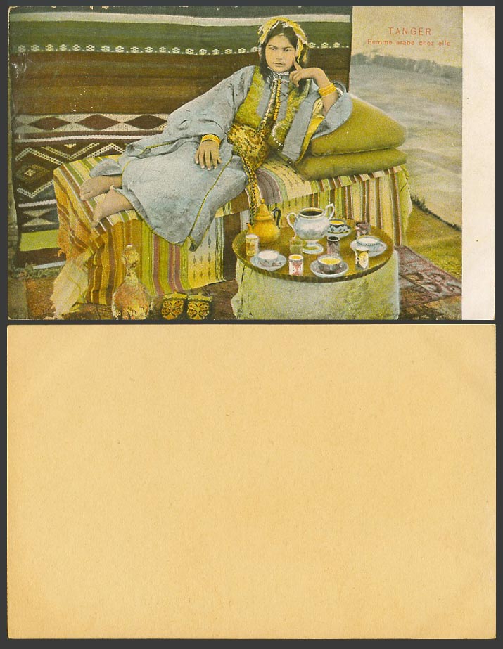 Morocco Old Colour Card Tanger Femme Arabe Chez Elle, Arab Woman At Home, Teapot