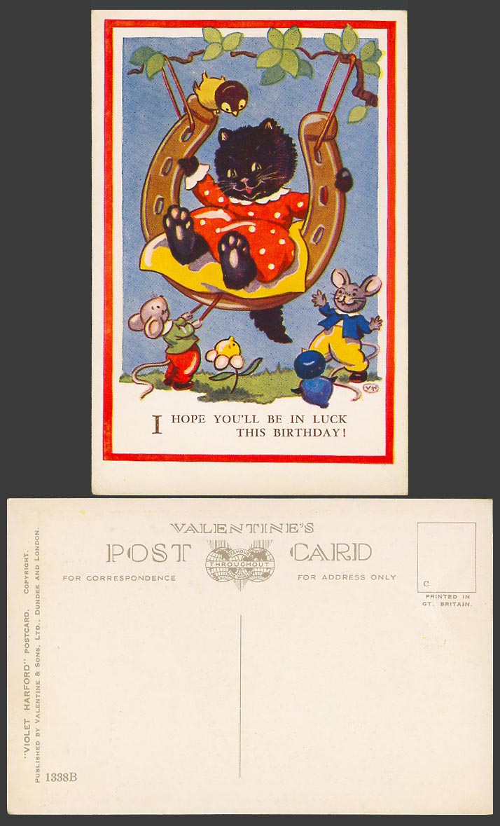 Violet Harford, Black Cat Horseshoe Swing, Luck Birthday Birds Mice Old Postcard