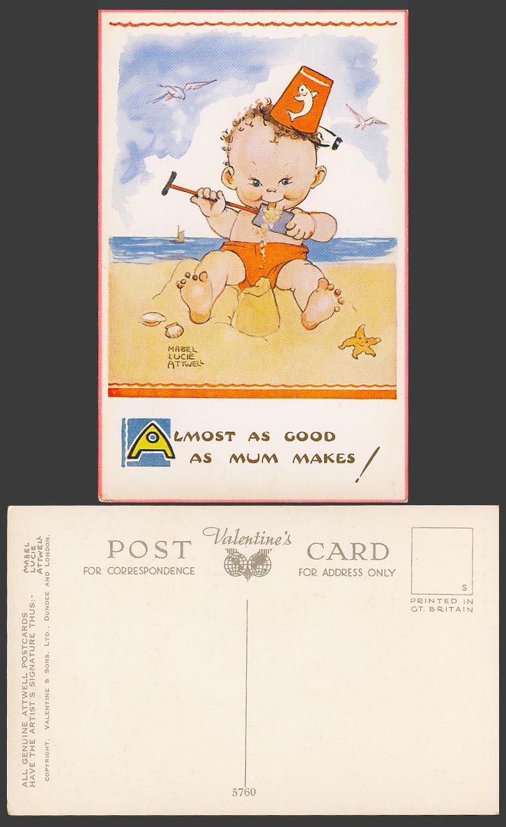 MABEL LUCIE ATTWELL Old Postcard Baby Eats Sand Beach, As Good As Mum Makes 5760