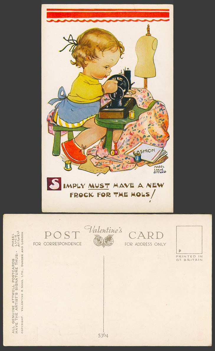 MABEL LUCIE ATTWELL Old Postcard Sewing Machine, Have a New Frock for Hols 5364