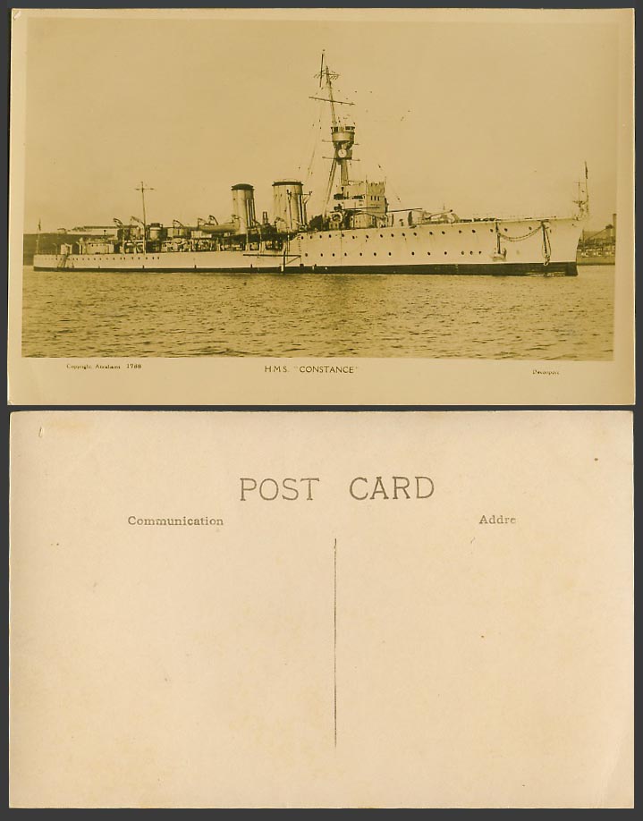 H.M.S. Constance, WW1 Royal Navy Military Vessel Warship Old Real Photo Postcard