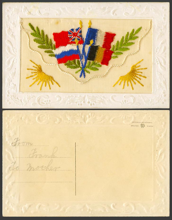 WW1 SILK Embroidered Old Postcard Sun Sunrays, Flag Flags, Empty Wallet, Novelty