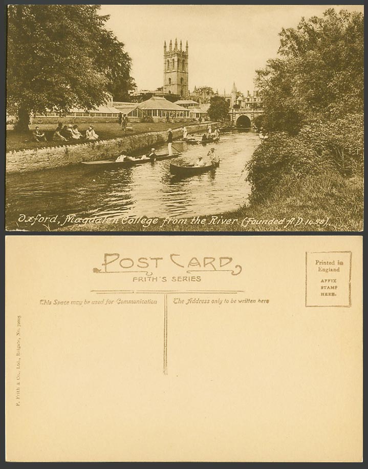 Oxford Magdalen College from River, Founded A.D. 1458 Boating Boats Old Postcard