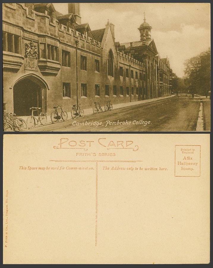Cambridge Pembroke College Gate, Bicycles by Street, Cambridgeshire Old Postcard